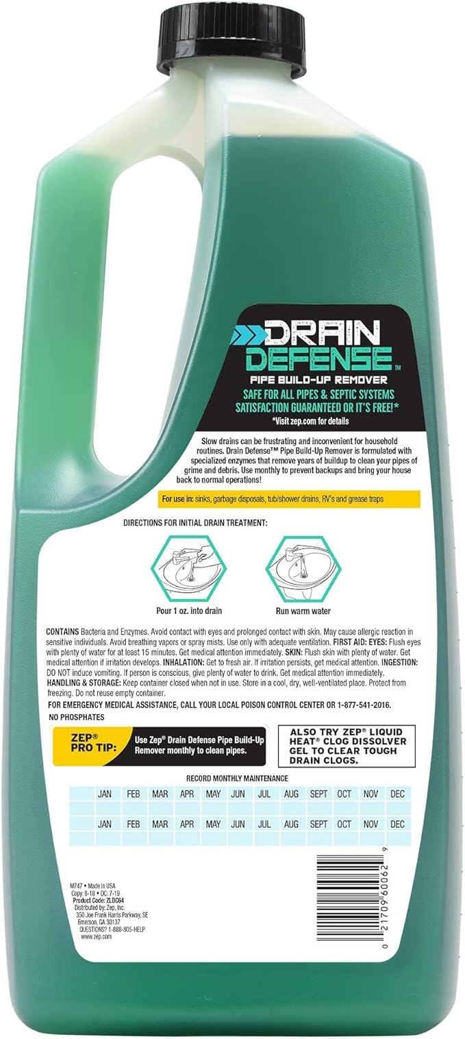 Zep Drain Defense Pipe Build-Up Remover (64 Ounces) and Advanced Tub & Shower Drain Opener Gel (32 Ounce)