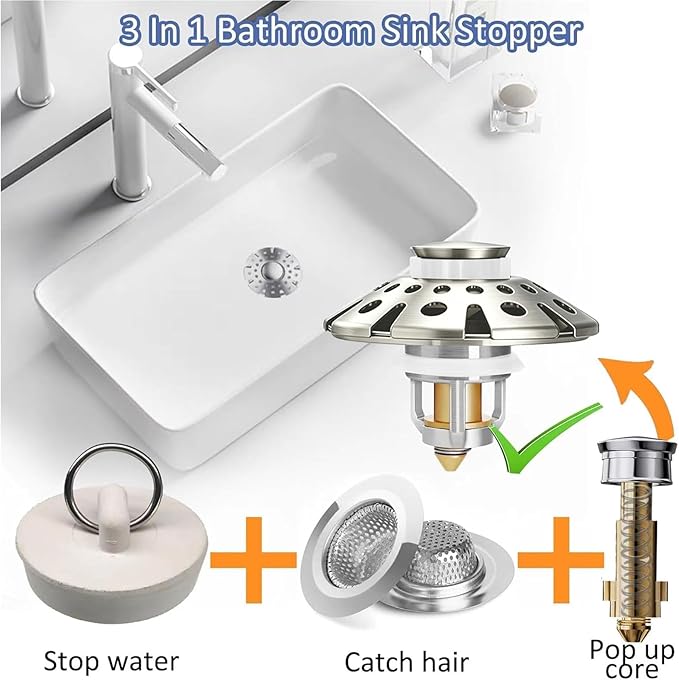 AzWzz Bathroom Sink Drain Strainer, 3 in 1 Pop Up Bathroom Sink Stopper Plug with Hair Catcher Cover, Universal for 1.06 in to 1.6 in Sink Drain, Brushed Nickel