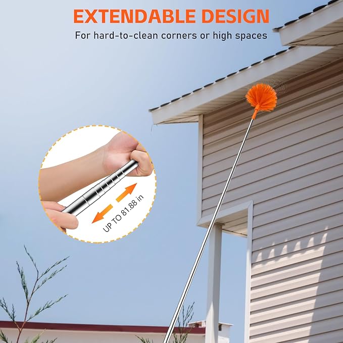SetSail Cobweb Duster with Extension Pole, Retractable Dusters for Cobweb Cleaning 81-inch Long Handle Spider Web Brush for Outdoor Indoor High Ceilings Fan, Orange