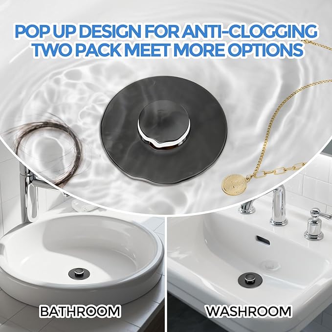 zaa Bathroom Sink Stopper - 2Pack Bathroom Sink Drain Strainer,Pop Up Bathroom Drain Stopper with Anti-Clogging Filter Basket,for 1.05~1.65 in U.S.Standard Basin Drain Holes,Black
