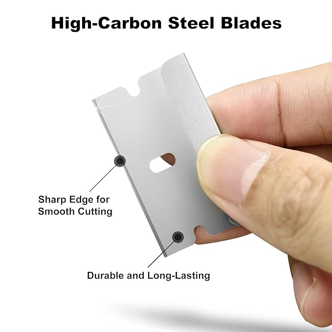100-Pack Single Edge Razor Blades with Dispenser, Carbon Steel Scraper Blades, each Blades measures 1.5" x 0.75", Fits Standard Scrapers, for Removing Paint, Labels & Stickers, DIY & Professional Use