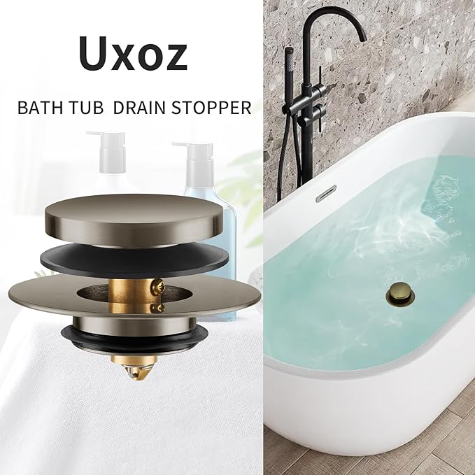 Bathtub Drain Stopper, Uxoz Universal Tub Stopper for Replacing Tip Toe/Trip Lever/Lift&Turn Tub Drain, Bath Tub Drain Stoppers Desiged for 1.5"-1.72" Drain Hole w/3 O-Rings, Brushed Silver