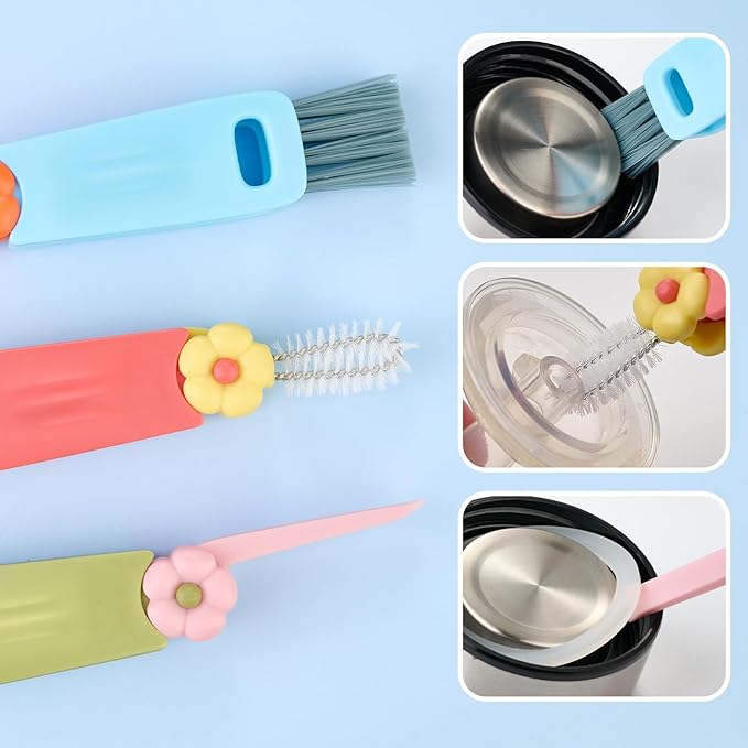 3 in 1 Bottle Gap Cleaning Brush, Multifunctional Cup Lid Gap Cleaner, Portable Crevice Cleaning Brush Set, Suitable for Household Use and Carry Outdoors, for Bottle Gap Tight Spaces Cup (Pink)