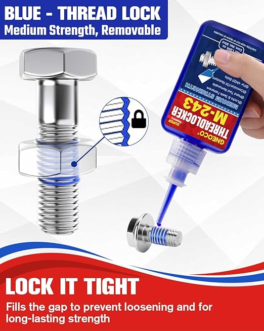 ThreadLocker Blue, Thread Lock Medium Strength Lock Tight for Nuts, Bolts, Fasteners and Metals, Anaerobic Curing Metal Glue to Prevent Loosening and Corrosion (M243-50ml)