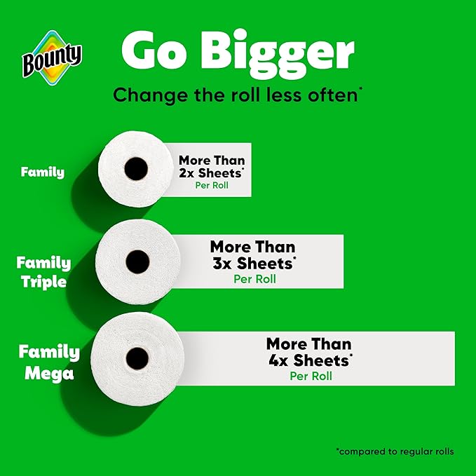 Bounty Paper Towels Quick Size, White, 2 Family Triple Rolls = 6+ Regular Rolls