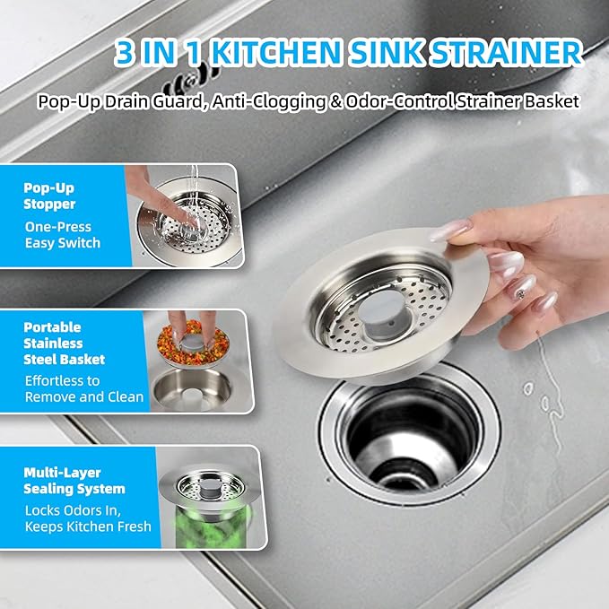 Sink Drain Strainer - Kitchen Sink Stopper, 3 In 1 Kitchen Sink Drain Strainer with Anti-Clogging Basket, Fit US Standard 3-1/2'' Sink Hole