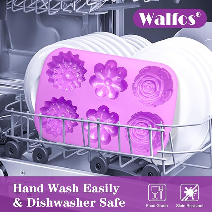 Walfos Silicone Flower Soap Mold,6 Cavities Different Flower Shapes Soap Mold BPA Free.Perfect for Homemade Craft Soap,Ice,Mousse,Cake,Jelly,Chocolate.(2pcs Purple)