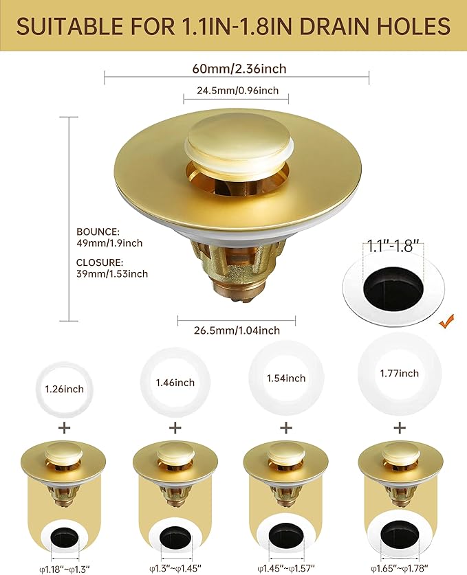 Fransiton Bathroom Sink Stopper, 1.1-1.77 Inch Basin Pop Up Sink Drain Stopper, Anti Clogging Drain Plug with Detachable Hair Catcher,Brushed Golden