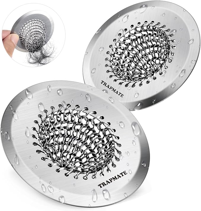 TRAPMATE 2PCS Bathtub Drain Strainer, 2.8" Patented Reversible Shower Tub Drain Hair Catcher, 304 Stainless Steel Drain Cover Protector fits Bathtub & Wash Basin, for Drains Under 2.5 Inches