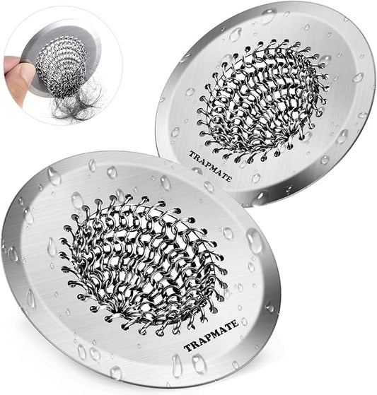 TRAPMATE 2PCS Bathtub Drain Strainer, 2.8" Patented Reversible Shower Tub Drain Hair Catcher, 304 Stainless Steel Drain Cover Protector fits Bathtub & Wash Basin, for Drains Under 2.5 Inches