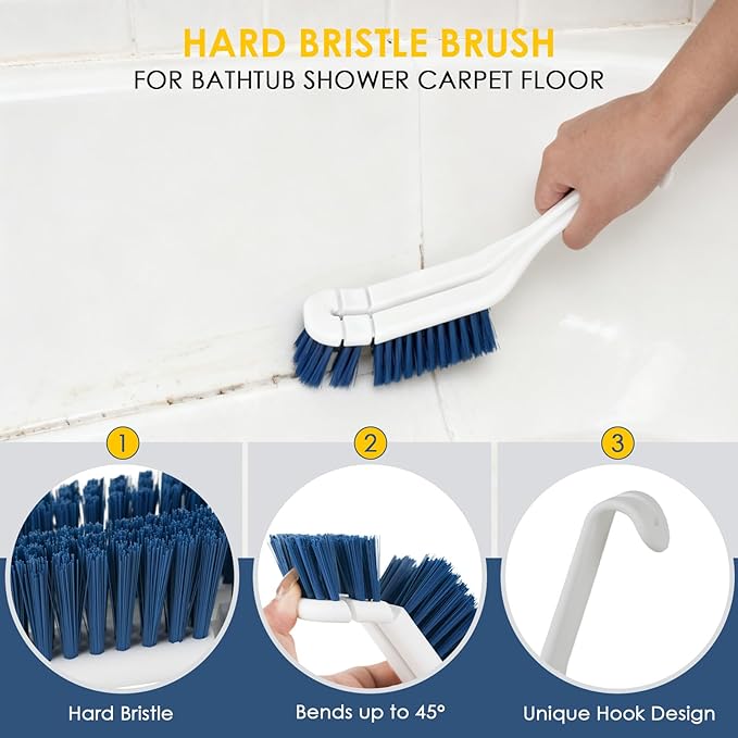 3 Pack Bathroom Shower Scrub Brush Set - Detachable Stiff Bristle Grout Cleaner Brush, 2-in-1 Shower Glass Squeegee with Replacement Sponges, Scrubbing Brushes for Cleaning Bathtub, Gaps, Tile, Sink