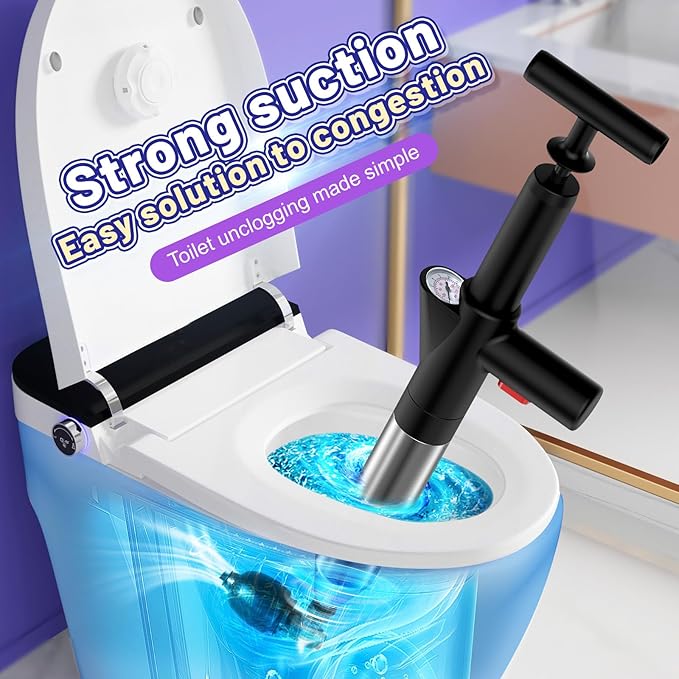 Toilet Plunger, High Pressure Air Drain Blaster, Drain Clog Remover Tool, High Pressure Drain Blaster Gun with Visual Barometer, Powerful Sink Plunger for Bathroom Kitchen Toilet Clogged Pipe