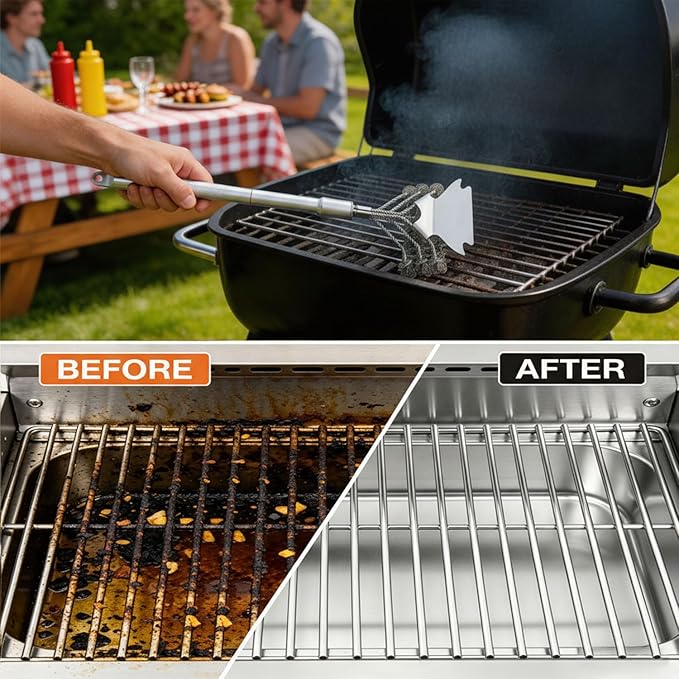 Grill Brush with Scraper - Stainless BBQ Grill Cleaning Brush for Gas/Charcoal Grill, Detachable Handle Grill Brush for Outdoor Grill, Camping & Backyard, Grill Accessories for BBQ Enthusiast