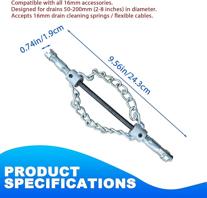 Flex‑Shaft Sewer Descaling Chain, Push-Type Rotary Cable Sewer Dredg, Multi-Purpose PVC Pipe Maintenance Tool for 16mm Spring
