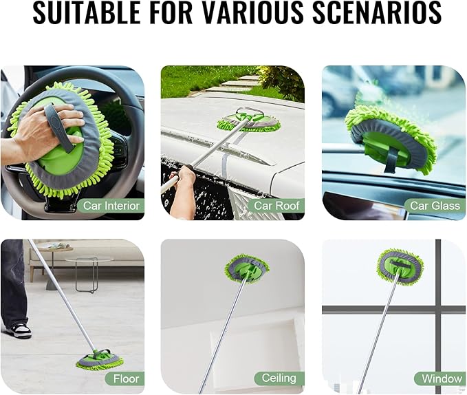 VEVOR Car Wash Brush, 62-Inch Extendable Car Washing Brush with Long Handle, Soft Chenille Fiber Car Wash Mop Mitt, 180° Rotatable Car Cleaning Brush with 1 Replacement Mop for Car, RV, Window, Floor