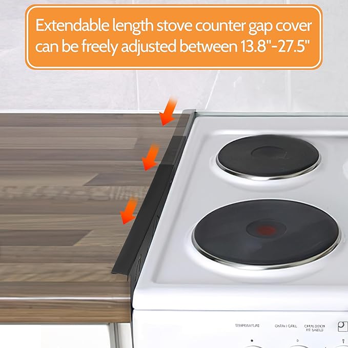 Stove Gap Covers Stainless Steel (2 Pack),Stove Gap Filler,Range Trim Kit,Oven Gap Filler,Heat Resistant and Easy Retractable Length 13.8" to 27.5",Width 0.79",Black