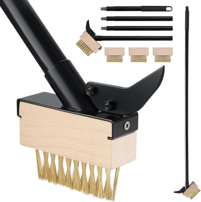 Weed Moss Remover Brush with Long Handle(50IN), Crack Weeder Moss Removal Tool with Wire Brush & Scraper, Weed Puller Crevice Cleaning, Remove Weeds on Roof Deck Driveway Paver(4 Brushes)