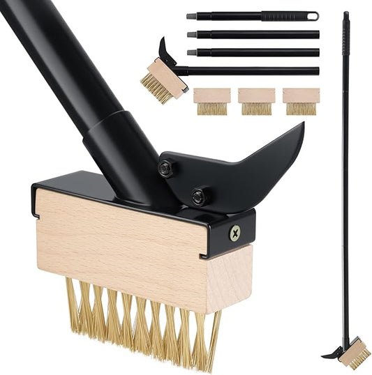 Weed Moss Remover Brush with Long Handle(50IN), Crack Weeder Moss Removal Tool with Wire Brush & Scraper, Weed Puller Crevice Cleaning, Remove Weeds on Roof Deck Driveway Paver(4 Brushes)