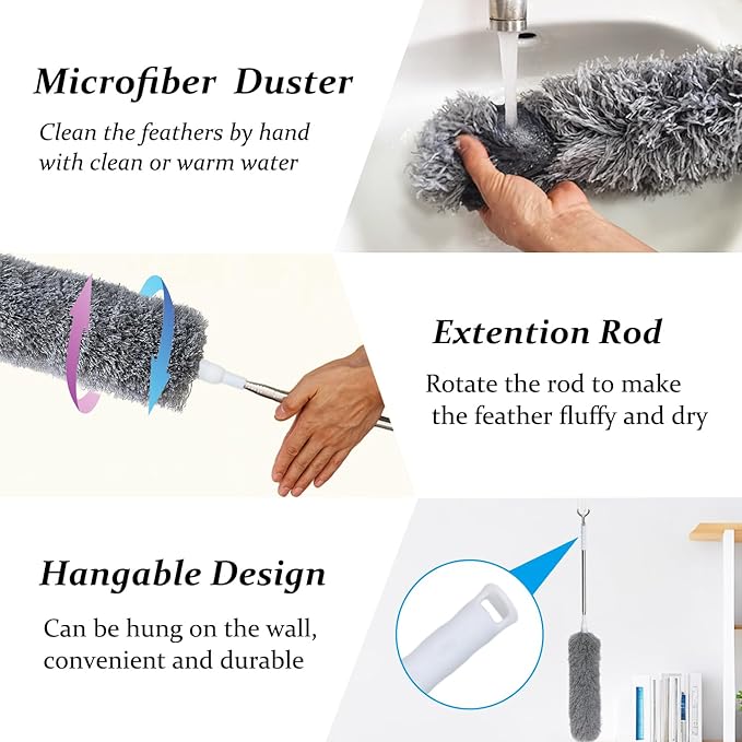 100" Extra-Long Microfiber Feather Duster, Extendable Pole Dusters, Telescoping Cobweb Duster for Cleaning, Bendable and Washable Microfiber Head, Cleaner for High Ceiling, Fan, Furniture