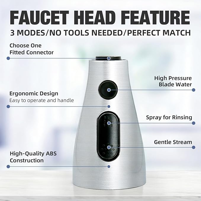 Kitchen Faucet Head Replacement, 3-Function Pull Down Spray Head with 9 Adapters, Sink Faucet Spray Head Compatible with Moen, Delta, American Standard Faucet, etc, Chrome