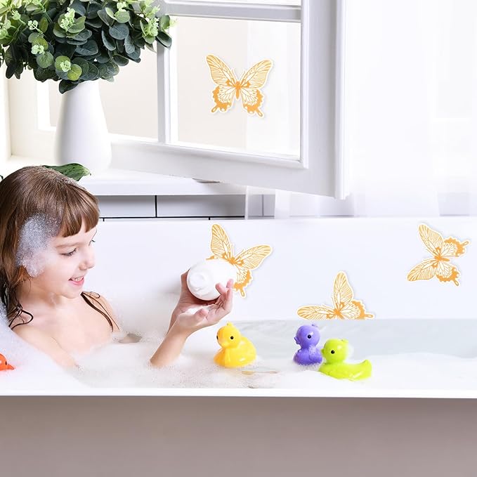 20 Pcs Non Slip Bathtub Stickers Anti Slip Shower Stickers Butterfly Anti Skid Bathtub Decals Adhesive Shower Grips Peel and Stick Treads Applique with Scraper(Gold,Butterfly)