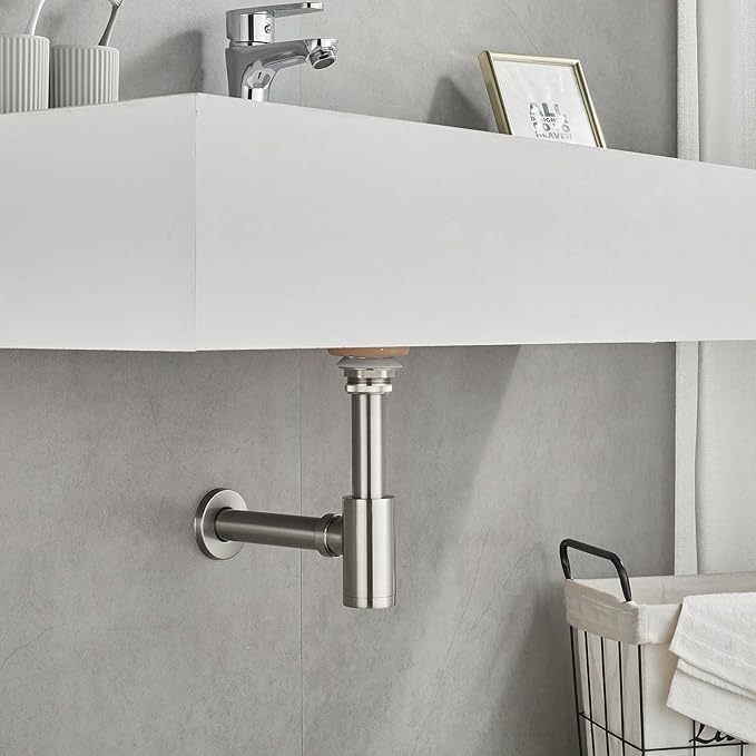 MENATT Solid Brass Bathroom Sink Stopper P-Trap Complete Set, Adjustable Bathroom Bottle Trap Sink Drain Kit and Pop Up Drain Without Overflow, Brushed Nickel