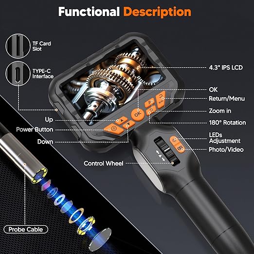 210° Two-Way Inspection Sewer Camera with Light, 4.3" IPS Articulating Endoscope, Industrial Borescope Drain Camera for Inspection Automotive Wall Pipe 5.3FT Cable