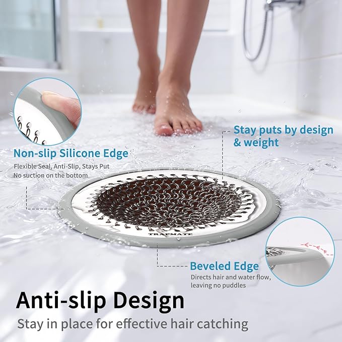 TRAPMATE Shower Drain Hair Catcher, Patented Bathtub Stopper Drain Strainer Kit, Fast Drainage Stainless Steel Shower Drain Cover for US Standard Flat Drains of Bathroom and Shower Room