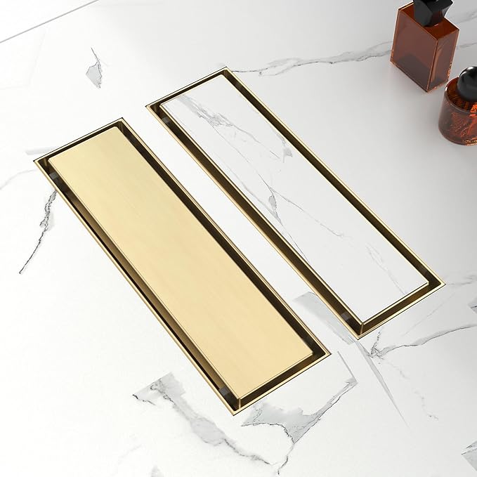 12-Inch Linear Shower Drain with Tile Insert Grate, SUS 304 Stainless Steel Linear Drain, Brushed Gold Long Rectangle Shower Floor Drain with Leveling Feet, Hair Strainer, Fits Bathroom