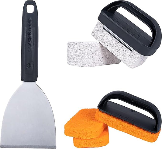 BLACKSTONE 5463 Cleaning Tool Kit (8 Pieces) BBQ Grill Flat Top Indoor/Outdoor Accessories-1 Stainless Steel Griddle Scraper, 3 Scouring Pads, 2 Pumice Stone with Handle, Black, Orange, Silver