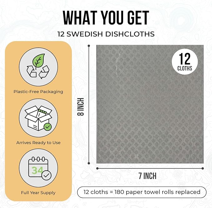 Swedish Dishcloths 12 Pack - Reusable Paper Towels for Kitchen, Absorbent Cellulose Sponge Cleaning Cloths, Washable Dish Rags, Quick Drying Kitchen Towels, Paper Towel Alternative by Organic Origin