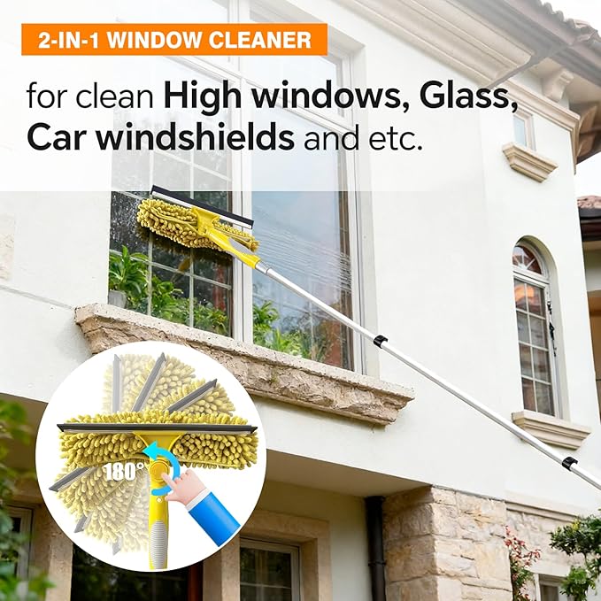 4-12Ft Telescoping Extension Pole Kit, 5-in-1 High Reach Duster with Chenille Window Squeegee Microfiber Feather Cobweb Duster for Ceiling Wall Hard-to-Reach Indoor & Outdoor Cleaning Yellow
