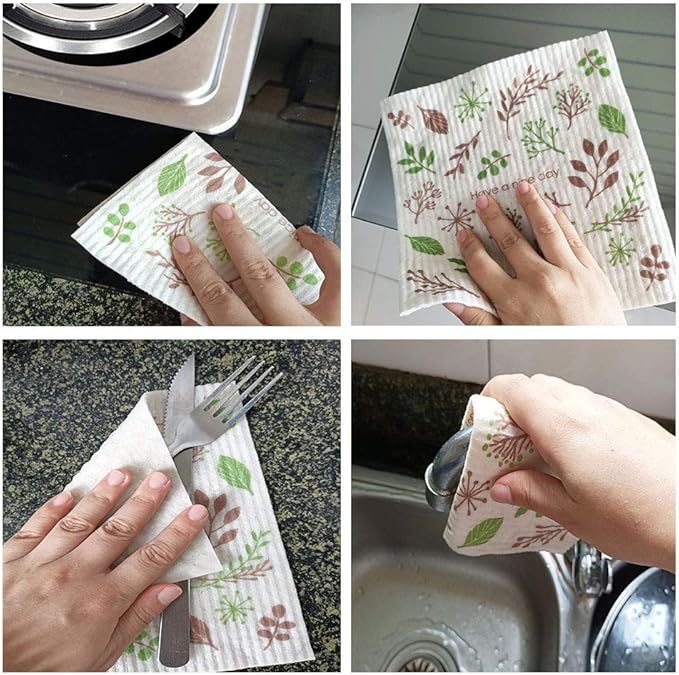 Swedish Dishcloth Reusable Kitchen Dish Towels Absorben and Fast Dry Cleaning Cloths Set of 4 No Odor Wipes (Leaf)