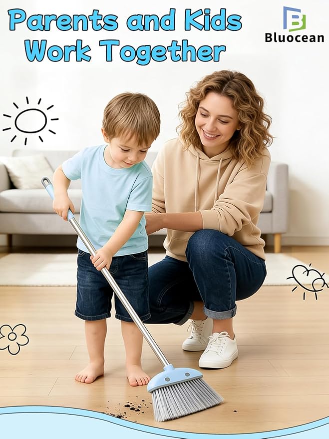 28'' Kids Mini Broom with Dustpan & Mop Set - Toddler Cleaning Toy, Toddler Household Helper, Parent-Child Interactive Play Cleaning Tool, Cute Cartoon Design, Small Safe Corner Broom (Blue Bubble)