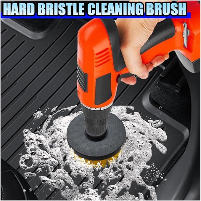 2PCS Car Detailing Drill Brush Set, 2" & 4" Power Carpet Scrubber, Nylon Bristle Wheel Cleaner Brush with Drill Attachment, Car Wash Cleaning Kit for Floor Mats, Bathroom (Yellow)