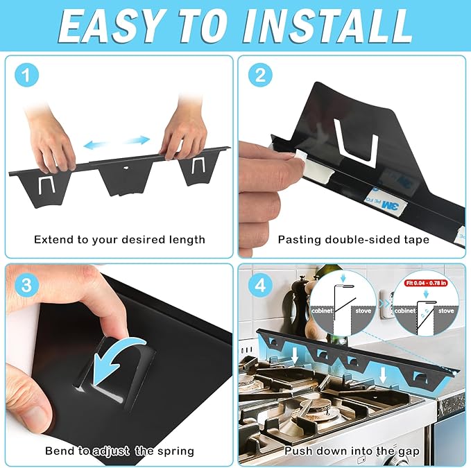 Esmorah Stainless Steel Stove Gap Covers, Oven Gap Filler Perfect for Kitchen Stove and Counter Side Guard, Heat Resistant with Easy Clean, Retractable Length 13.8" to 27.5" Black (2 Pack)