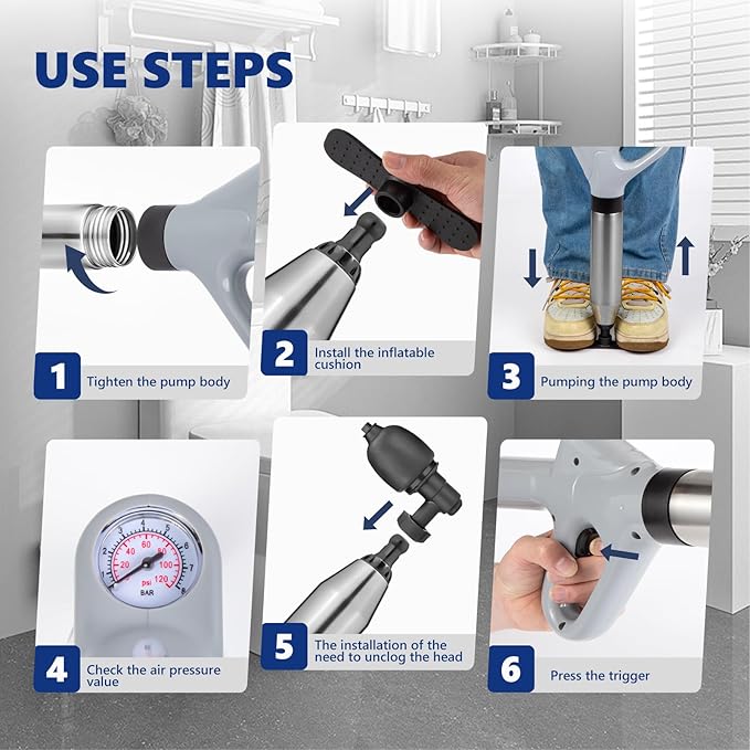 Toilet Plunge Blaster, High Pressure Toilet Plunger, High-Pressure Air Drain Blaster Plunge Blaster Multi-drain Unclogger for Toilets, Bathroom Floor, Drain Sinks and Plumbing Clogs.