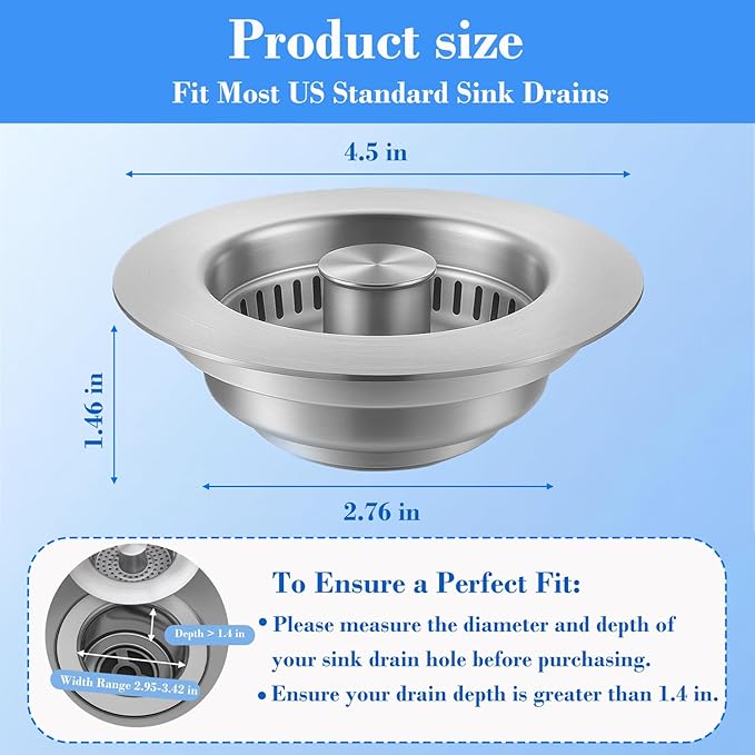 Upgraded 3-in-1 Kitchen Sink Drain Strainer with Solid Brass Core, Fast-Drain Pop-Up Sink Stopper, 304 Stainless Steel, Removable Anti-Clog Basket, for US Standard 3-1/2'' Drains