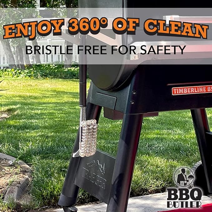 BBQ Butler Bristle Free Grill Brush - 360 Degree Grate Scraper - Safe BBQ Cleaning Grill Brush - Stainless Steel - Grilling Accessories - Gas - Charcoal - Porcelain - Ceramic - BBQ Cleaner
