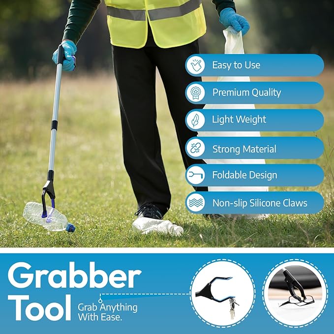 2024 Upgrade PowerGrip T9, Grabber Reacher Tool, Wide Jaw, Foldable, Steel Cable, with 96 Grip Points for Firm Grip, 32" with Magnet (Black, 32 Inch)