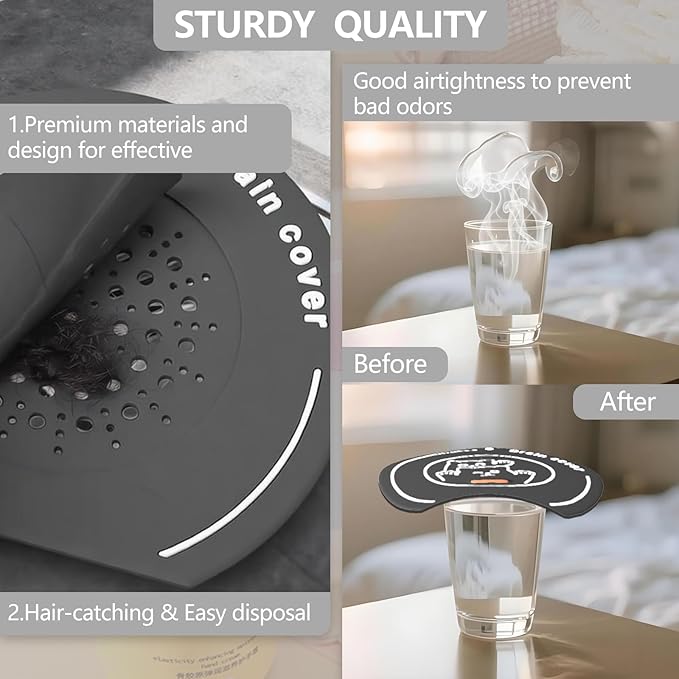 2-in-1 Shower Drain Hair Catcher & Bathtub Drain Cover, Odor-Proof Silicone Hair Stopper for Bathroom, Tub, Sink, Kitchen, Laundry - Prevents Clogs and Unpleasant Smells (2, Grey)