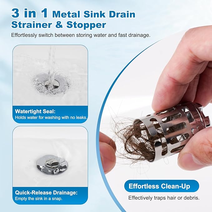 Hibbent 2 Pack Universal Bathroom Sink Drain Strainer, 3 in 1 Pop Up Stopper with Removable Stainless Steel Filter Basket, Brass Bullet Core, Hair Catcher Sink Plug for 1.1''~2.36'' Hole, Chrome