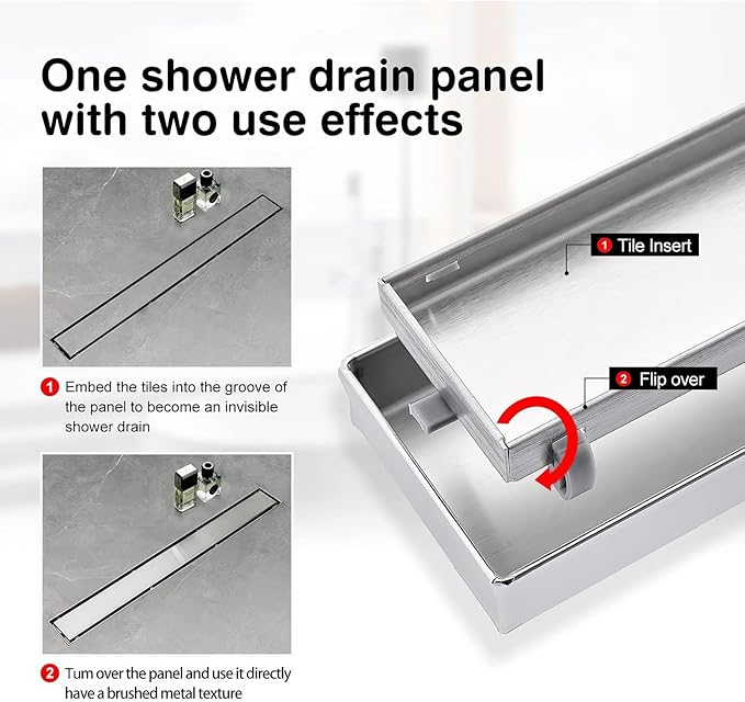 SaniteModar Linear Shower Drain 24 inch with Tile Insert 2 in 1 Panels, 304 Stainless Steel Brushed Shower Linear Drain, Invisible Drain Equipped Adjustable Feet and Hair Filter