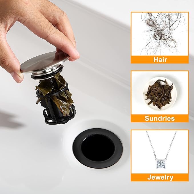 Vessel Sink Drain Without Overflow, Plastic Bathroom Pop up Sink Drain Brushed Nickel, Built-in Anti Clogging Sink Stopper, Fit for 1 3/4 Inch Sink Vanity Drain Assembly with Strainer