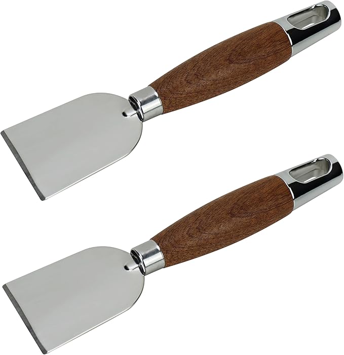 EIKS 2 Pack Stainless Steel Scraper with Wooden Handle for Cleaning Cast Iron Skillet Flat Top Grills Griddle BBQ Pan Ovens Stoves, Stain Removal Tool