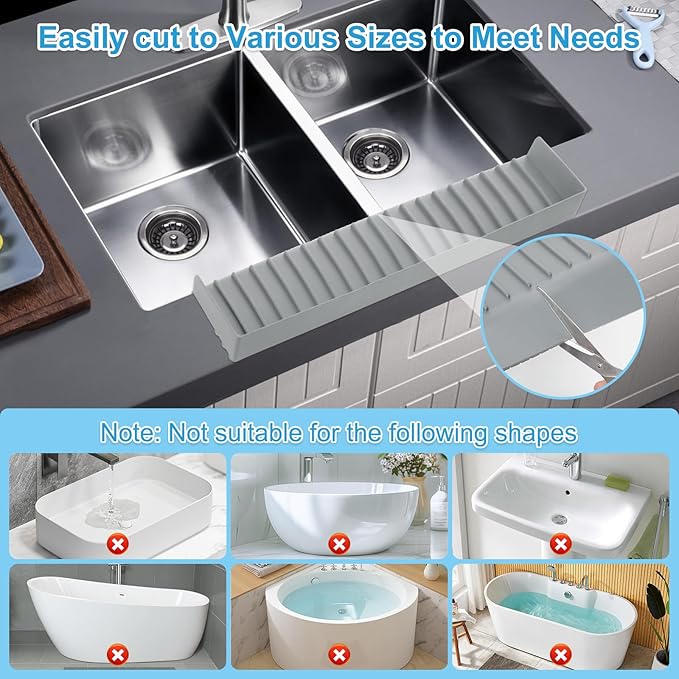Silicone Sink Edge Protectors 4" x 24", Upgrade Kitchen Sink Splash Guards With Suction Cup, Splash Guard For Bathtub Sink, Countertop Protectors For Quartz Kitchen Sink（Gray）