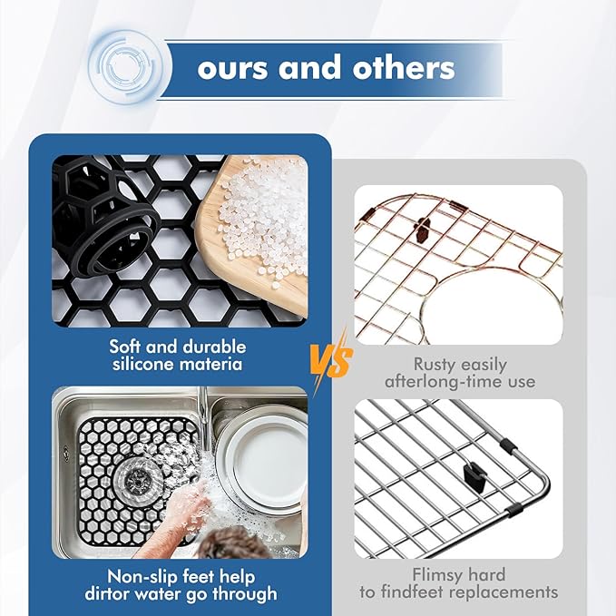 2 Pack Silicone Sink Protectors for Kitchen Sink - 12" x 11" Kitchen Grid Accessory, Non-Slip Heat-Resistant Mat for Bottom of Porcelain Stainless Steel, Dishwasher Safe (Black)