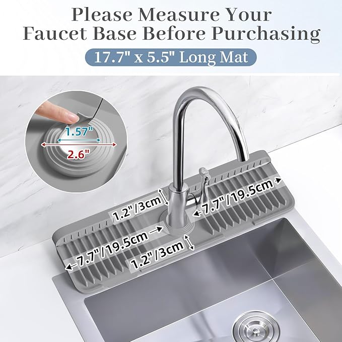 PoYang 17.7 inch Faucet Mat for Kitchen Sink Splash Guard, 7° Slope Silicone Sink Water Splash Guard for Kitchen Sink Area with Snap Button, Long Sink Protectors for kitchen Sink Sponge Holder, Grey
