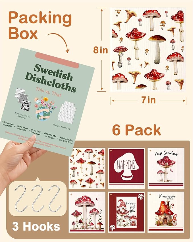 Miss Adola Kitchen Swedish Dishcloths with Hooks - 6 Pack Reusable Dish Cloths for Washing Dishes Fast Drying Cute Fun Swedish Dish Towels Washable Cleaning Sponge, Red Swamm