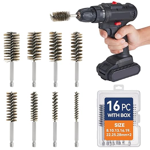 16 Pcs Stainless Steel Bore Brush, Wire Brush for Drill Set with 1/4 Inch Hex Shank, Abrasive Wire Bore Brush for Power Drill, Rust Polish and Tube Cleaning (8,10,13,16,19,22,25,28mm)